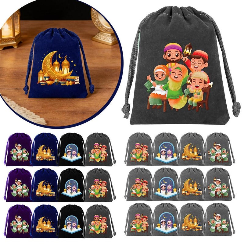 Ramadan Gift Bags, 12PCS Small Eid Mubarak Velvet Bags Jewelry Gift Wrapping Sacks Drawstring Pouches Candy Snack Bags for Islamic Muslim Party Favor Decorations - Image 2